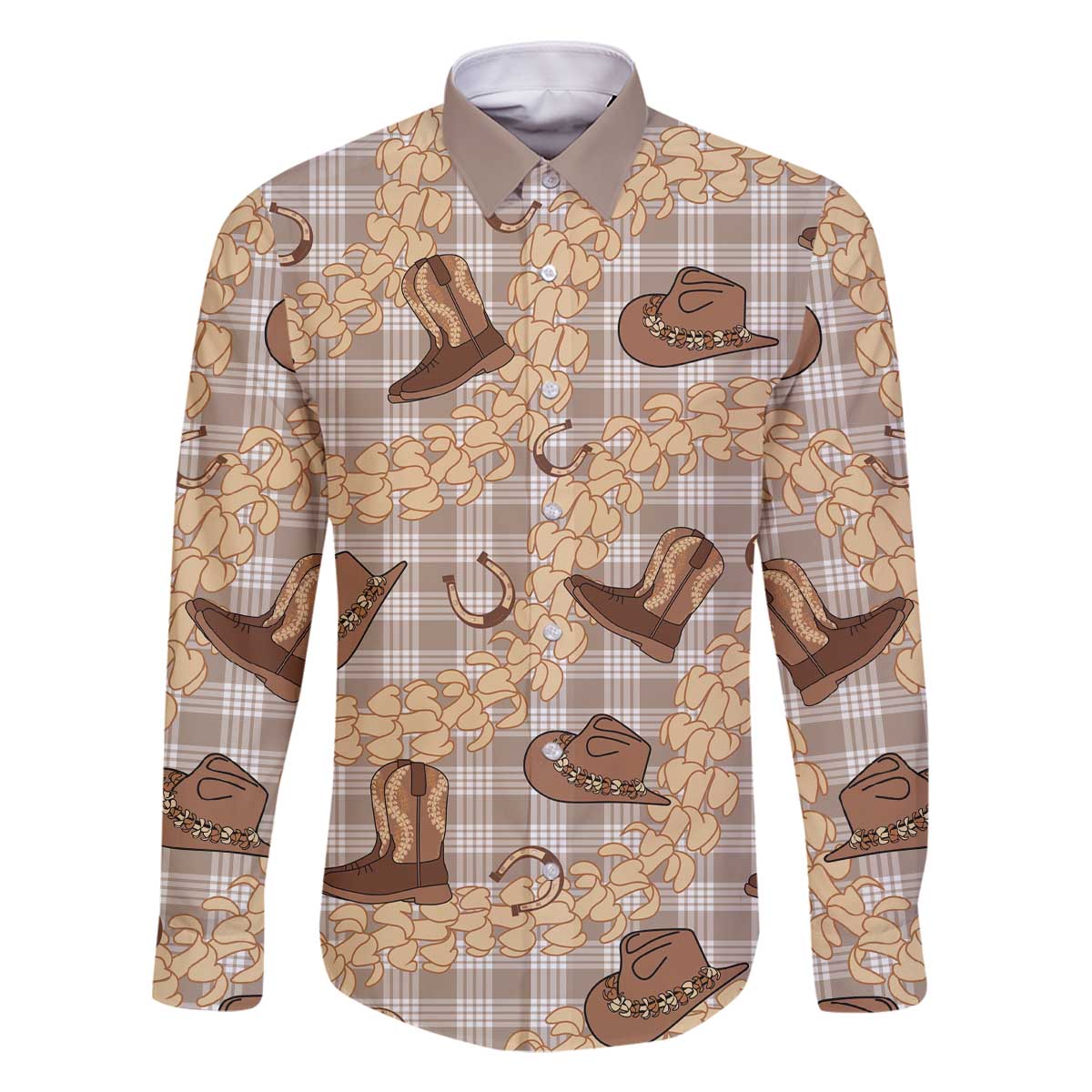 Khaki Palaka Hawaii Cowboy Family Matching Off The Shoulder Long Sleeve Dress and Hawaiian Shirt Puakenikeni Lei Paniolo Papale Seamless Vibes - Polynesian Pride