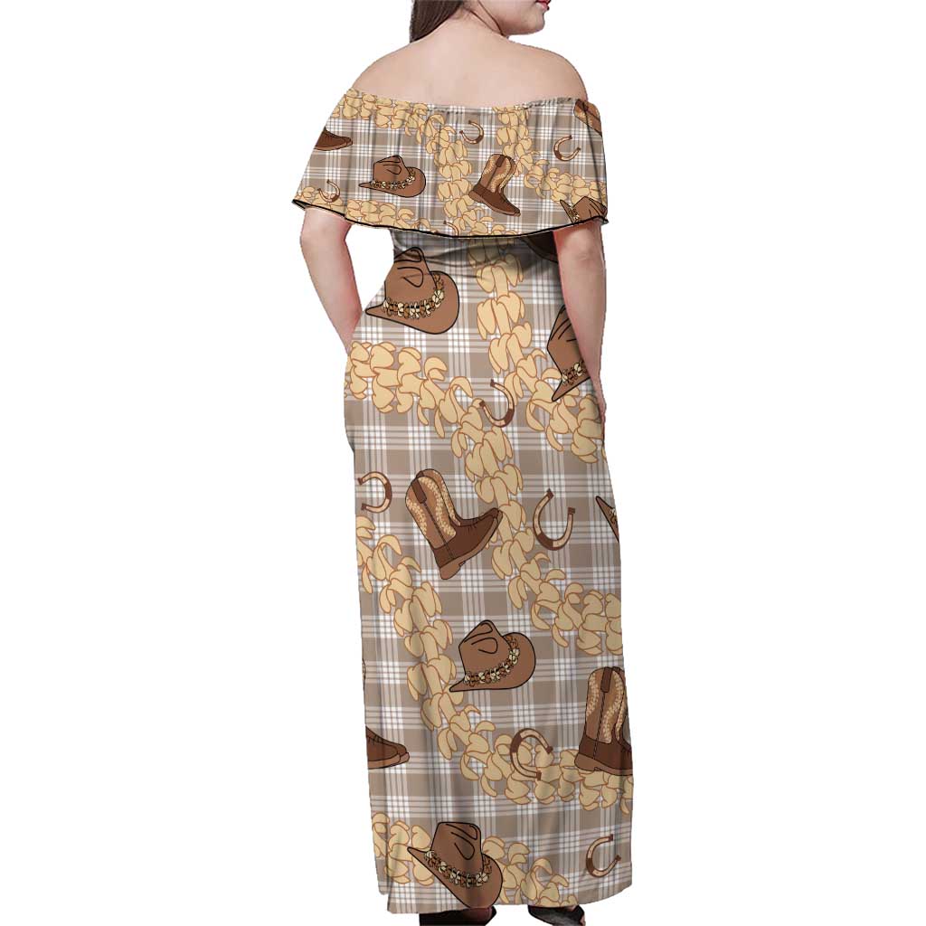 Khaki Palaka Hawaii Cowboy Family Matching Off Shoulder Maxi Dress and Hawaiian Shirt Puakenikeni Lei Paniolo Papale Seamless Vibes - Polynesian Pride