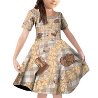 Khaki Palaka Hawaii Cowboy Family Matching Off Shoulder Short Dress and Hawaiian Shirt Puakenikeni Lei Paniolo Papale Seamless Vibes - Polynesian Pride