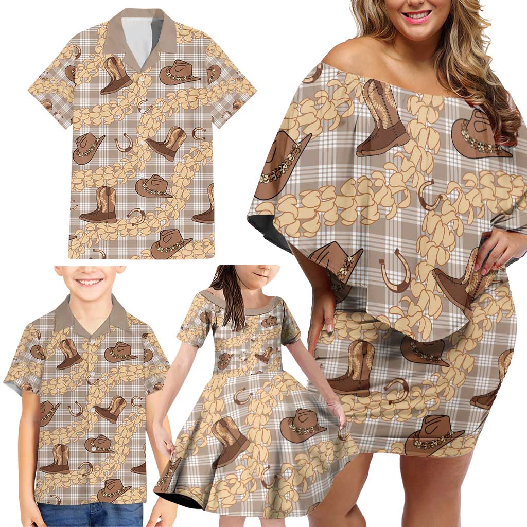 Khaki Palaka Hawaii Cowboy Family Matching Off Shoulder Short Dress and Hawaiian Shirt Puakenikeni Lei Paniolo Papale Seamless Vibes - Polynesian Pride