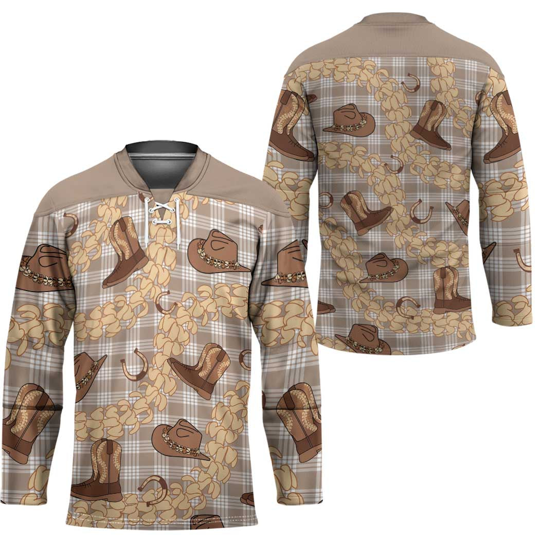 Khaki Palaka Hawaii Cowboy Hockey Jersey Puakenikeni Lei Paniolo Papale Seamless Vibes - Polynesian Pride