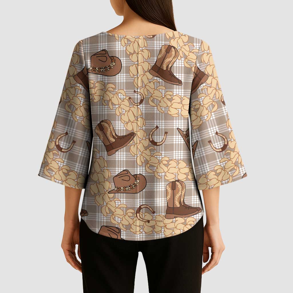 Khaki Palaka Hawaii Cowboy Kimono Sleeve Blouse Puakenikeni Lei Paniolo Papale Seamless Vibes - Polynesian Pride