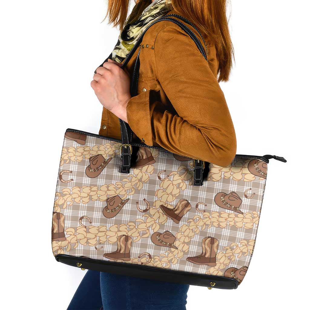 Khaki Palaka Hawaii Cowboy Leather Tote Bag Puakenikeni Lei Paniolo Papale Seamless Vibes - Polynesian Pride