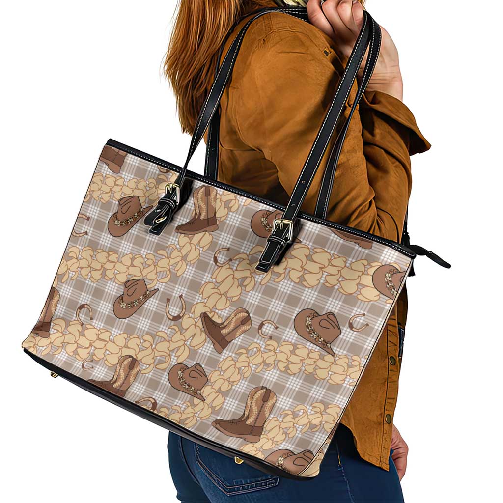 Khaki Palaka Hawaii Cowboy Leather Tote Bag Puakenikeni Lei Paniolo Papale Seamless Vibes - Polynesian Pride