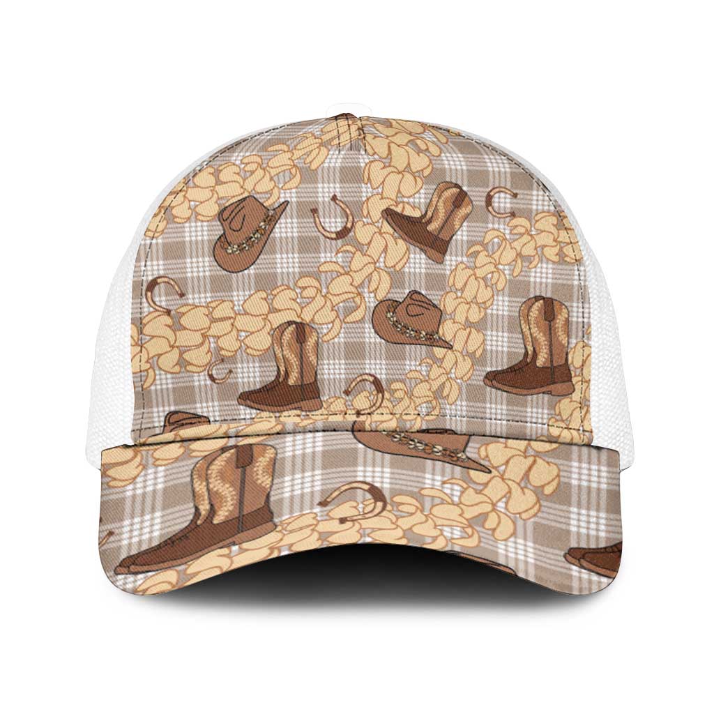 Khaki Palaka Hawaii Cowboy Mesh Trucker Cap Puakenikeni Lei Paniolo Papale Seamless Vibes - Polynesian Pride