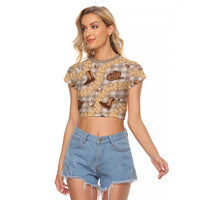 Khaki Palaka Hawaii Cowboy Raglan Cropped T Shirt Puakenikeni Lei Paniolo Papale Seamless Vibes - Polynesian Pride