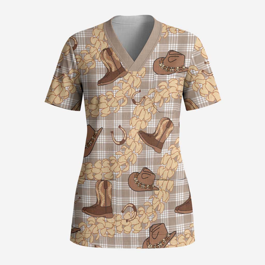 Khaki Palaka Hawaii Cowboy Scrub Top Puakenikeni Lei Paniolo Papale Seamless Vibes - Polynesian Pride