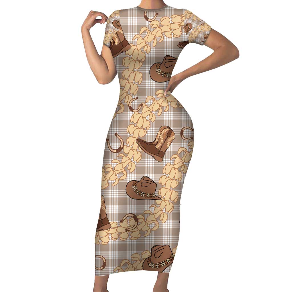 Khaki Palaka Hawaii Cowboy Short Sleeve Bodycon Dress Puakenikeni Lei Paniolo Papale Seamless Vibes - Polynesian Pride
