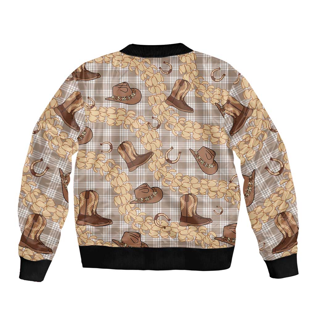 Khaki Palaka Hawaii Cowboy Sleeve Zip Bomber Jacket Puakenikeni Lei Paniolo Papale Seamless Vibes - Polynesian Pride
