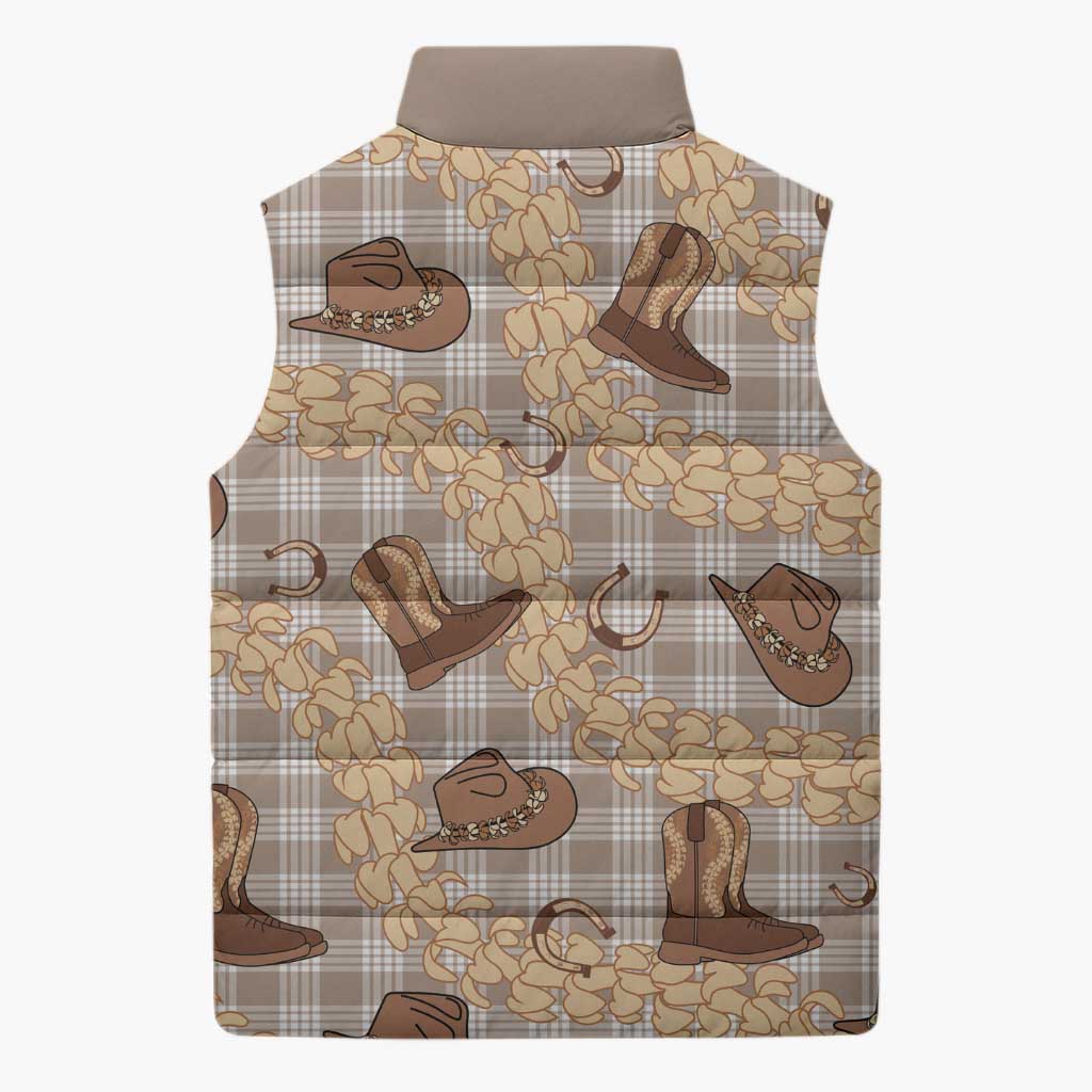 Khaki Palaka Hawaii Cowboy Sleeveless Puffer Jacket Puakenikeni Lei Paniolo Papale Seamless Vibes - Polynesian Pride