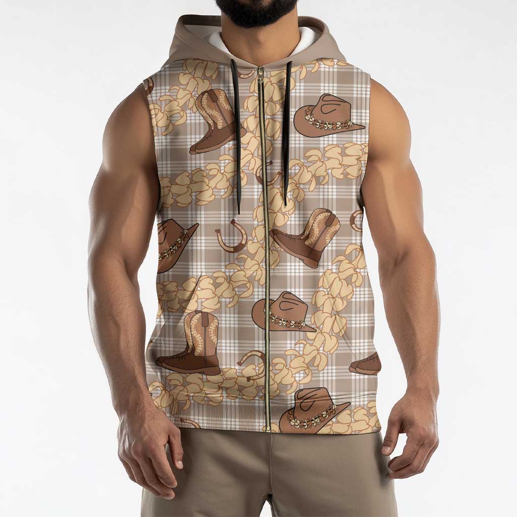 Khaki Palaka Hawaii Cowboy Sleeveless Zip Hoodie Puakenikeni Lei Paniolo Papale Seamless Vibes - Polynesian Pride