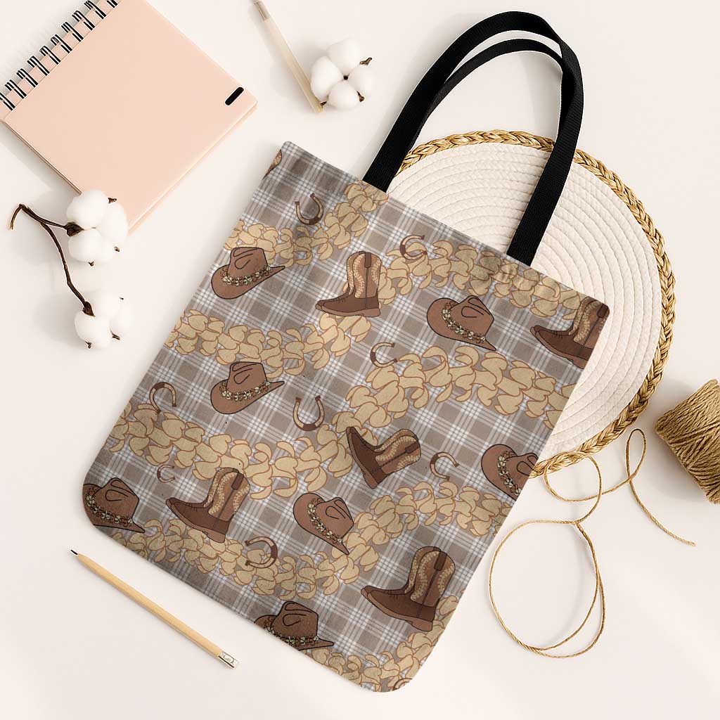 Khaki Palaka Hawaii Cowboy Tote Bag Puakenikeni Lei Paniolo Papale Seamless Vibes - Polynesian Pride