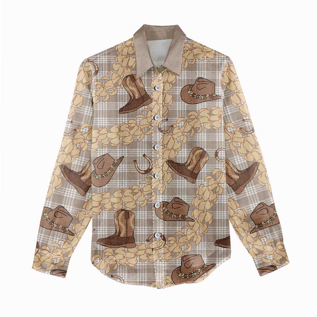 Khaki Palaka Hawaii Cowboy Women Casual Shirt Puakenikeni Lei Paniolo Papale Seamless Vibes - Polynesian Pride