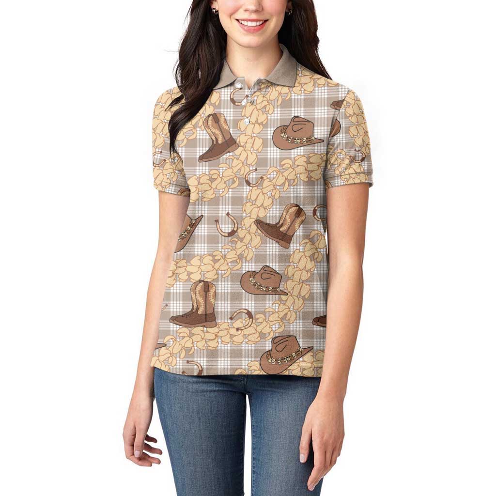 Khaki Palaka Hawaii Cowboy Women Polo Shirt Puakenikeni Lei Paniolo Papale Seamless Vibes - Polynesian Pride