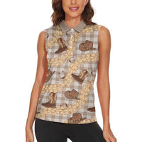 Khaki Palaka Hawaii Cowboy Women Sleeveless Polo Shirt Puakenikeni Lei Paniolo Papale Seamless Vibes - Polynesian Pride