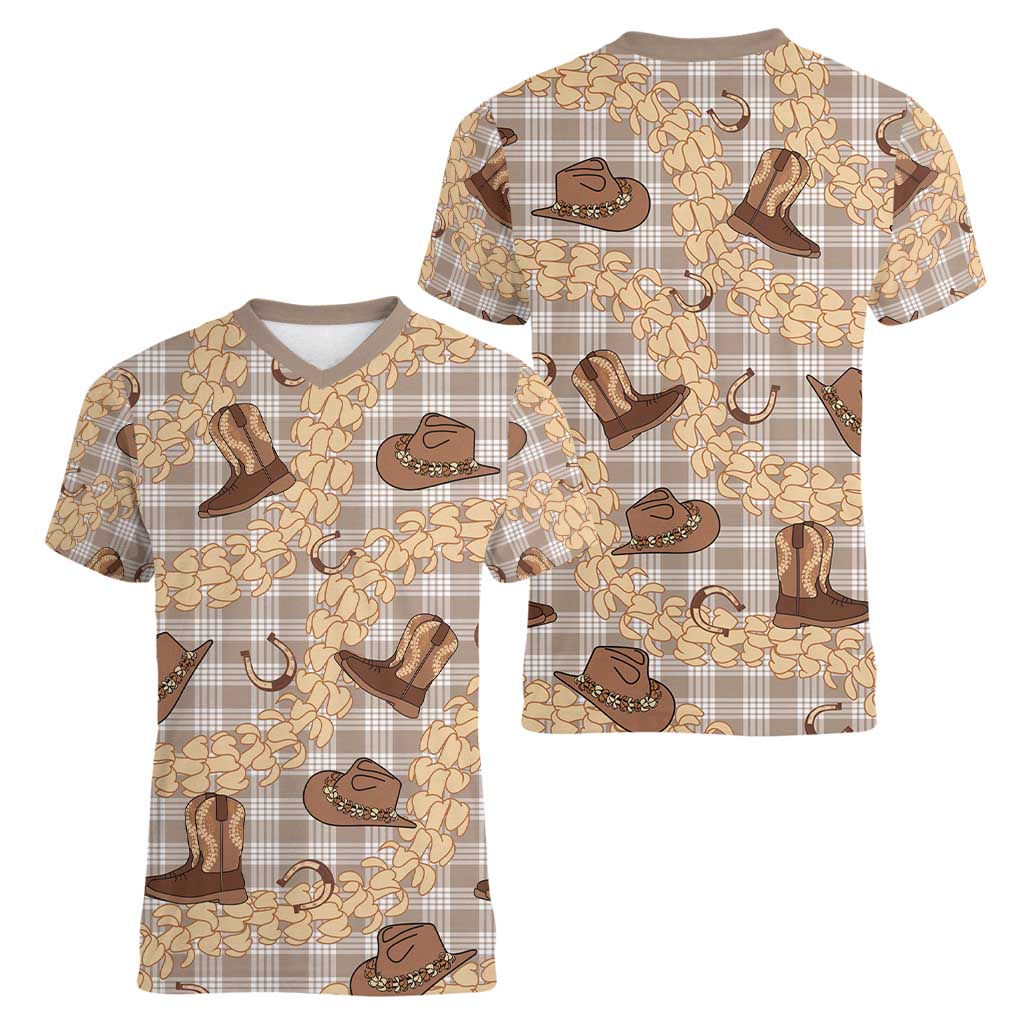 Khaki Palaka Hawaii Cowboy Women V-Neck T-Shirt Puakenikeni Lei Paniolo Papale Seamless Vibes - Polynesian Pride