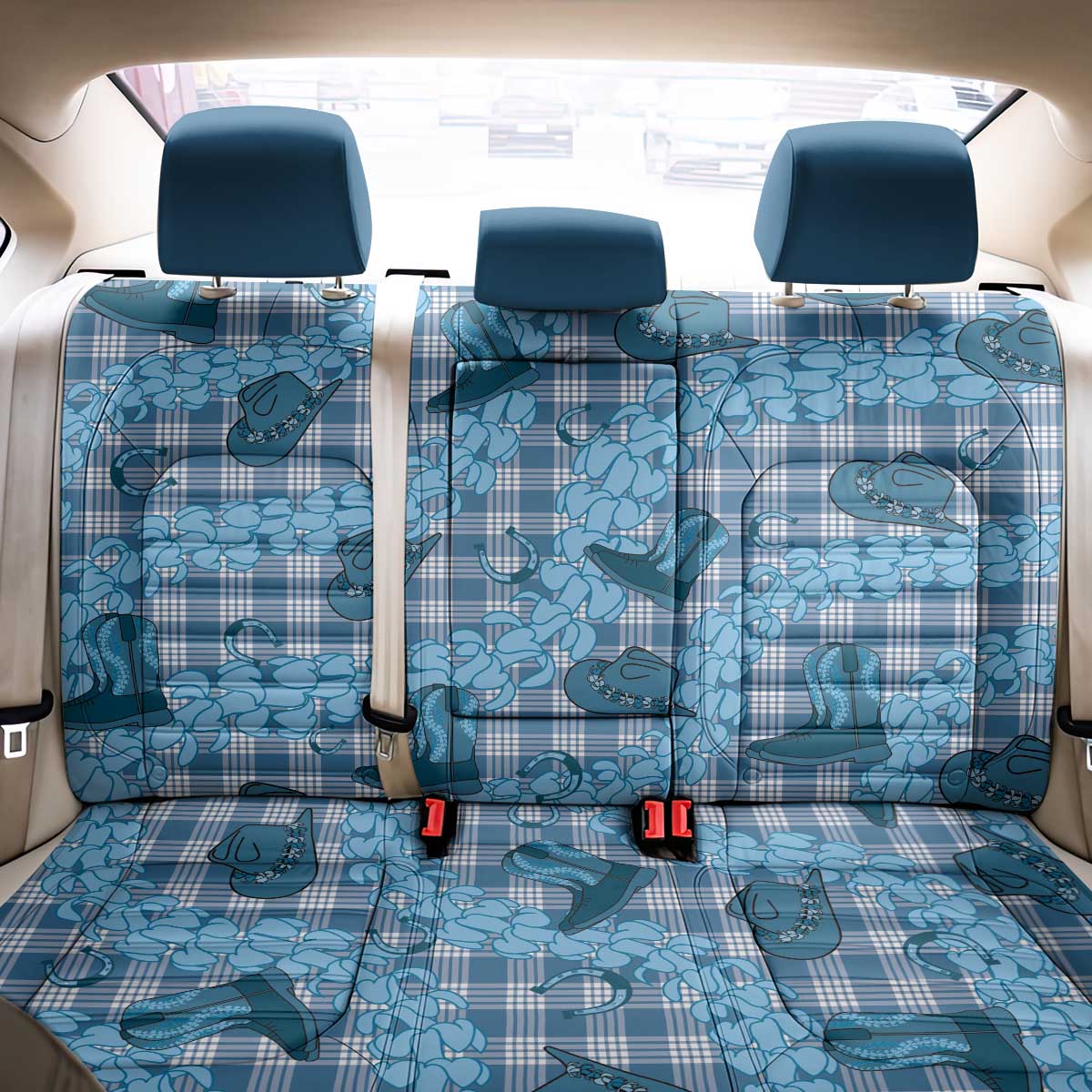 Cyan Palaka Hawaii Cowboy Back Car Seat Cover Puakenikeni Lei Paniolo Papale Seamless Vibes - Polynesian Pride