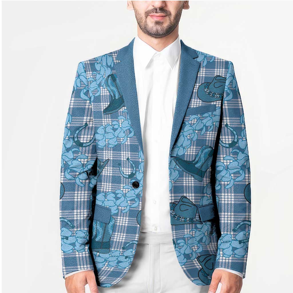 Cyan Palaka Hawaii Cowboy Blazer Puakenikeni Lei Paniolo Papale Seamless Vibes - Polynesian Pride