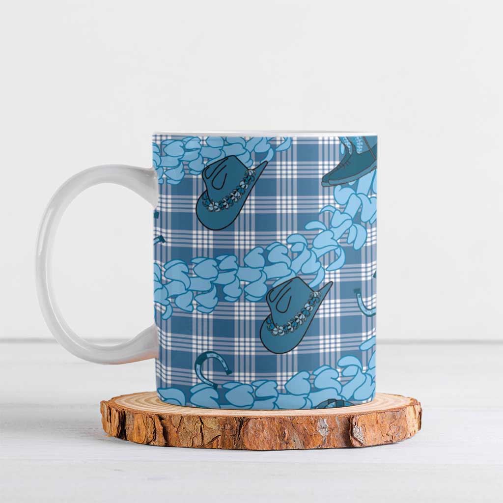Cyan Palaka Hawaii Cowboy Ceramic Mug Puakenikeni Lei Paniolo Papale Seamless Vibes - Polynesian Pride