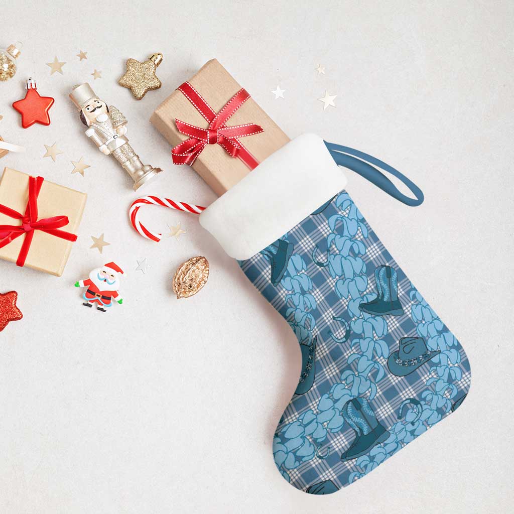 Cyan Palaka Hawaii Cowboy Christmas Stocking Puakenikeni Lei Paniolo Papale Seamless Vibes - Polynesian Pride