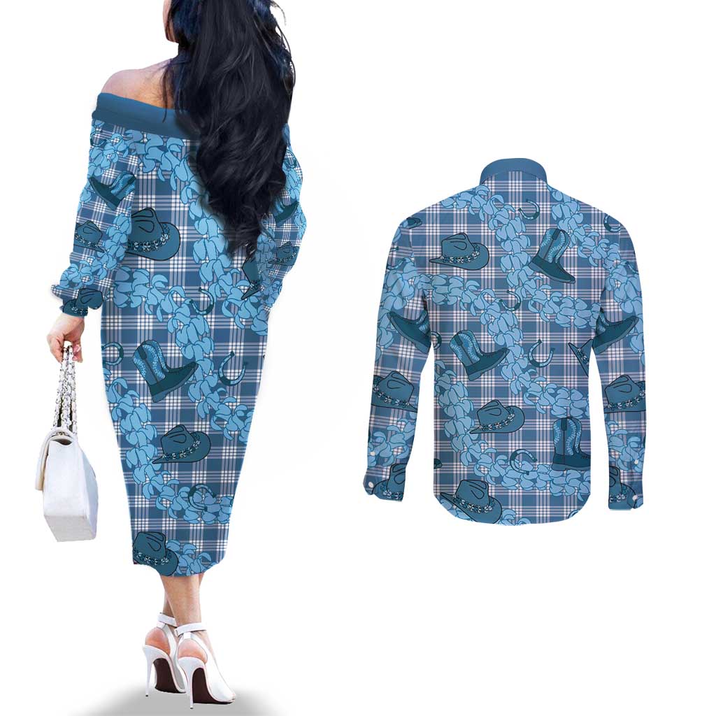 Cyan Palaka Hawaii Cowboy Couples Matching Off The Shoulder Long Sleeve Dress and Long Sleeve Button Shirt Puakenikeni Lei Paniolo Papale Seamless Vibes - Polynesian Pride