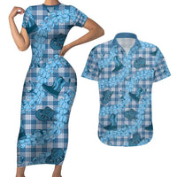 Cyan Palaka Hawaii Cowboy Couples Matching Short Sleeve Bodycon Dress and Hawaiian Shirt Puakenikeni Lei Paniolo Papale Seamless Vibes - Polynesian Pride