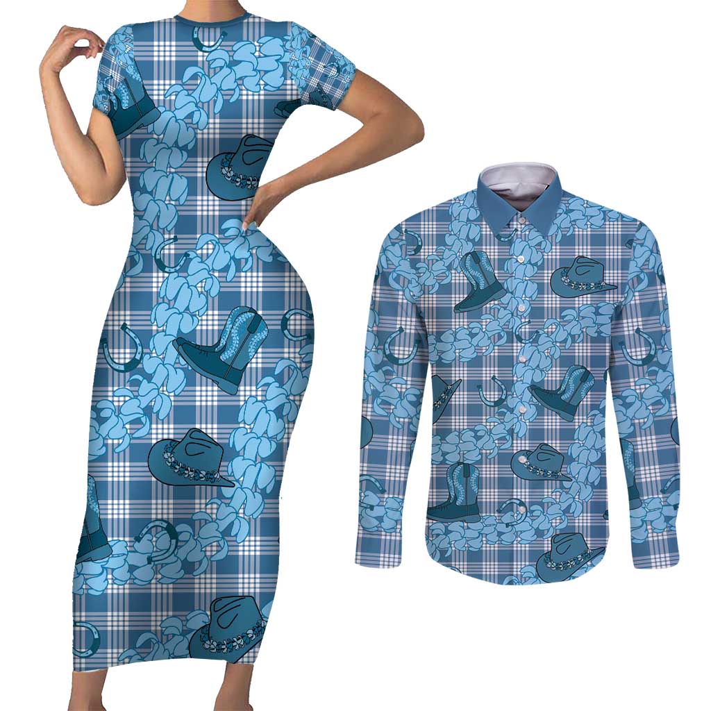 Cyan Palaka Hawaii Cowboy Couples Matching Short Sleeve Bodycon Dress and Long Sleeve Button Shirt Puakenikeni Lei Paniolo Papale Seamless Vibes - Polynesian Pride