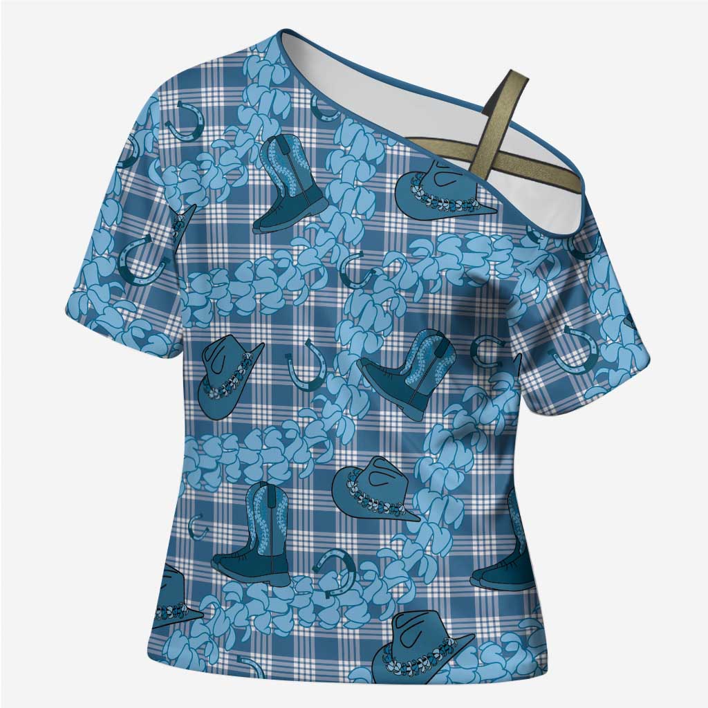 Cyan Palaka Hawaii Cowboy Cross Shoulder Shirt Puakenikeni Lei Paniolo Papale Seamless Vibes - Polynesian Pride