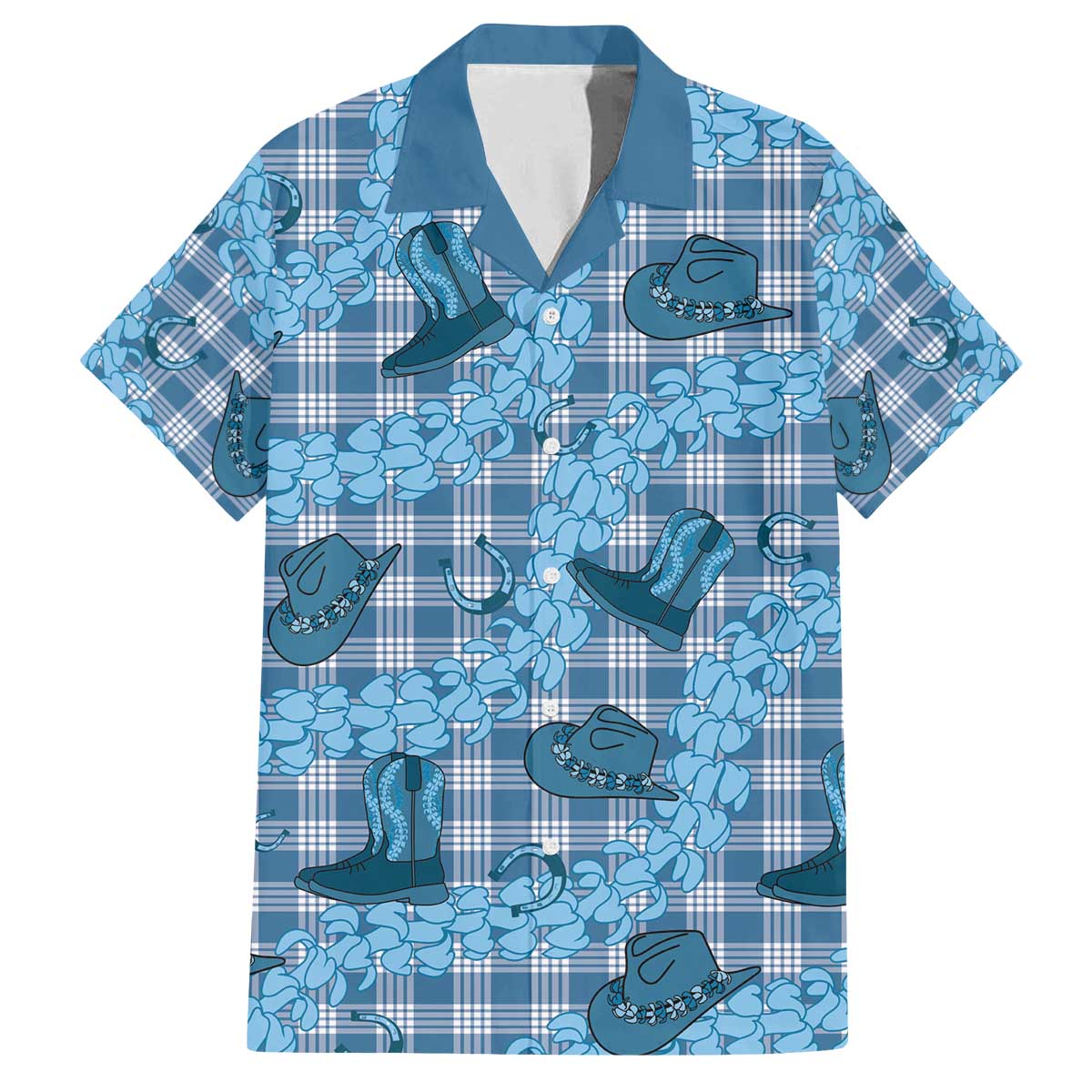 Cyan Palaka Hawaii Cowboy Family Matching Off The Shoulder Long Sleeve Dress and Hawaiian Shirt Puakenikeni Lei Paniolo Papale Seamless Vibes - Polynesian Pride