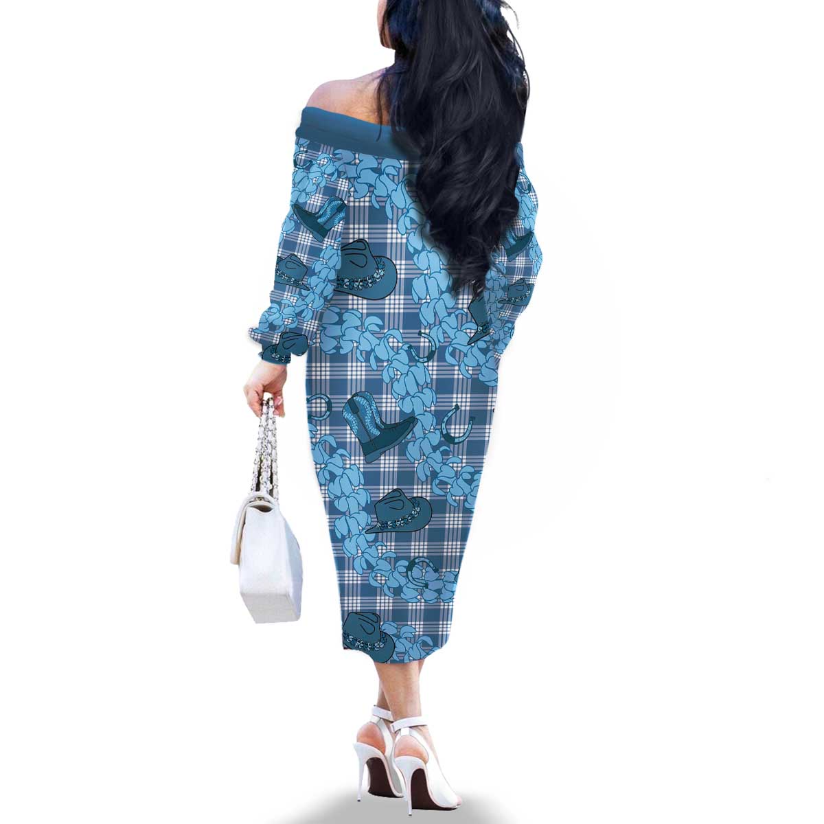 Cyan Palaka Hawaii Cowboy Family Matching Off The Shoulder Long Sleeve Dress and Hawaiian Shirt Puakenikeni Lei Paniolo Papale Seamless Vibes - Polynesian Pride