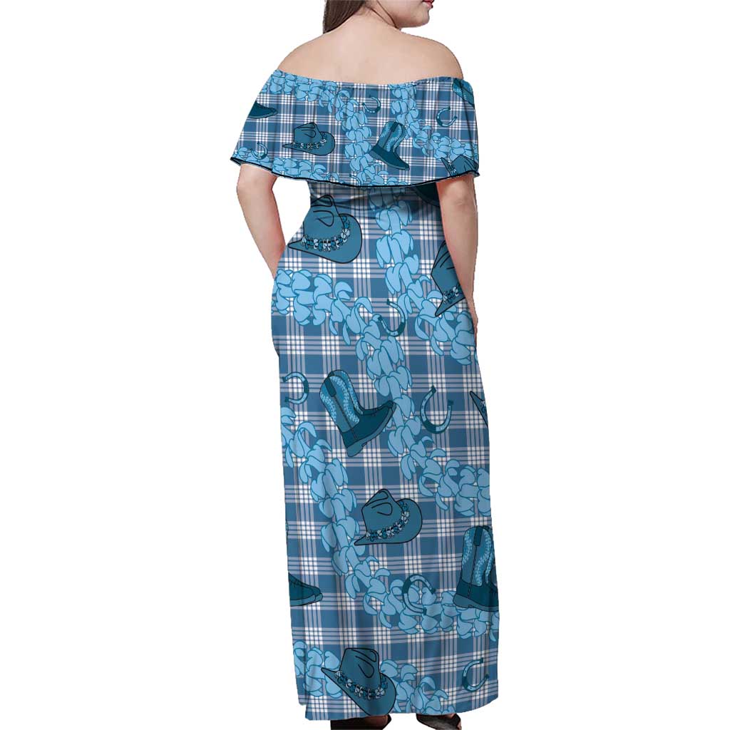 Cyan Palaka Hawaii Cowboy Family Matching Off Shoulder Maxi Dress and Hawaiian Shirt Puakenikeni Lei Paniolo Papale Seamless Vibes - Polynesian Pride