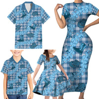 Cyan Palaka Hawaii Cowboy Family Matching Short Sleeve Bodycon Dress and Hawaiian Shirt Puakenikeni Lei Paniolo Papale Seamless Vibes - Polynesian Pride
