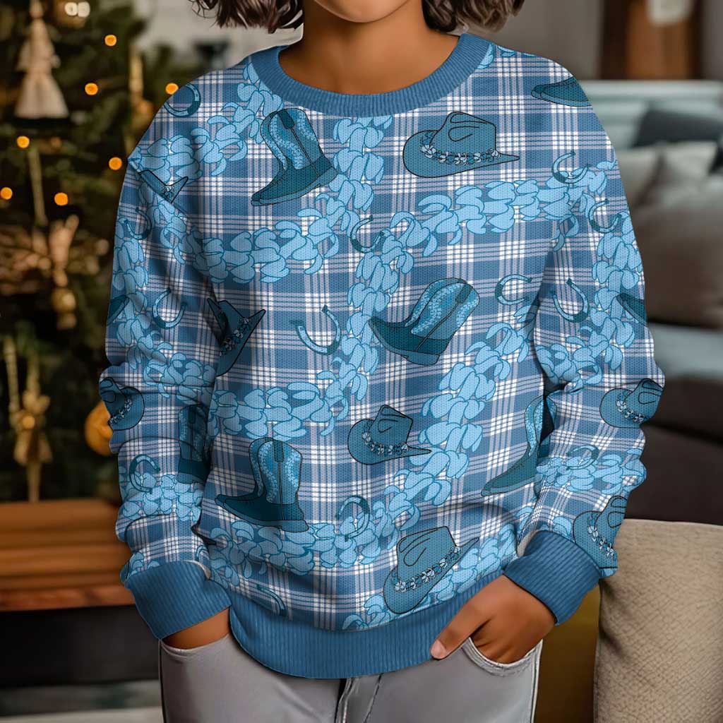 Cyan Palaka Hawaii Cowboy Kid Ugly Christmas Sweater Puakenikeni Lei Paniolo Papale Seamless Vibes - Polynesian Pride