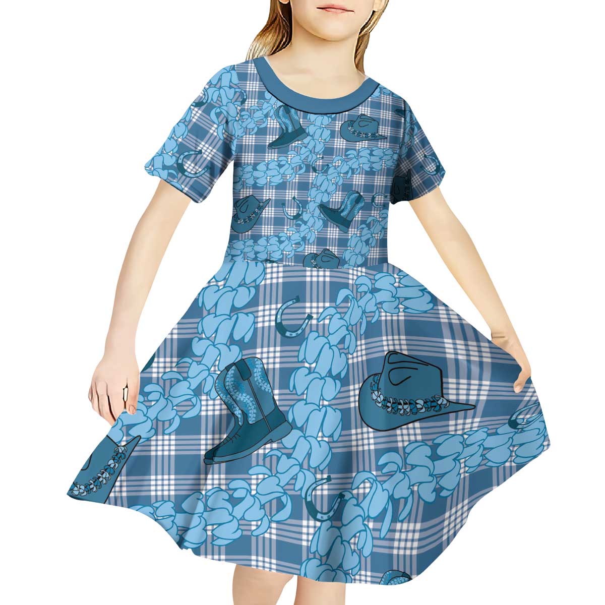 Cyan Palaka Hawaii Cowboy Kid Short Sleeve Dress Puakenikeni Lei Paniolo Papale Seamless Vibes - Polynesian Pride