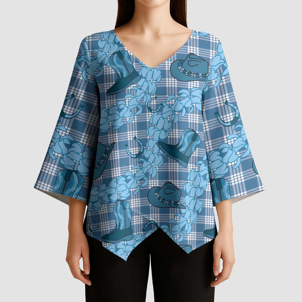 Cyan Palaka Hawaii Cowboy Kimono Sleeve Blouse Puakenikeni Lei Paniolo Papale Seamless Vibes - Polynesian Pride