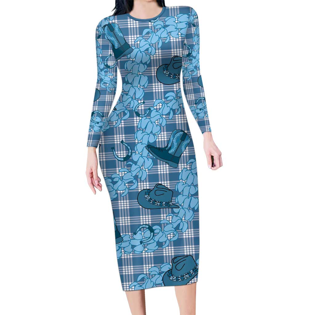 Cyan Palaka Hawaii Cowboy Long Sleeve Bodycon Dress Puakenikeni Lei Paniolo Papale Seamless Vibes - Polynesian Pride