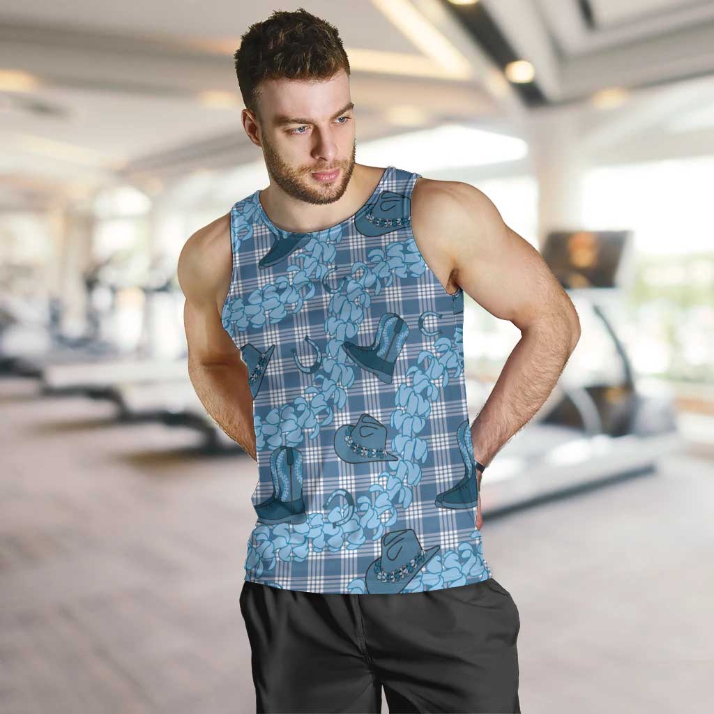 Cyan Palaka Hawaii Cowboy Men Tank Top Puakenikeni Lei Paniolo Papale Seamless Vibes LT14 Cyan - Polynesian Pride