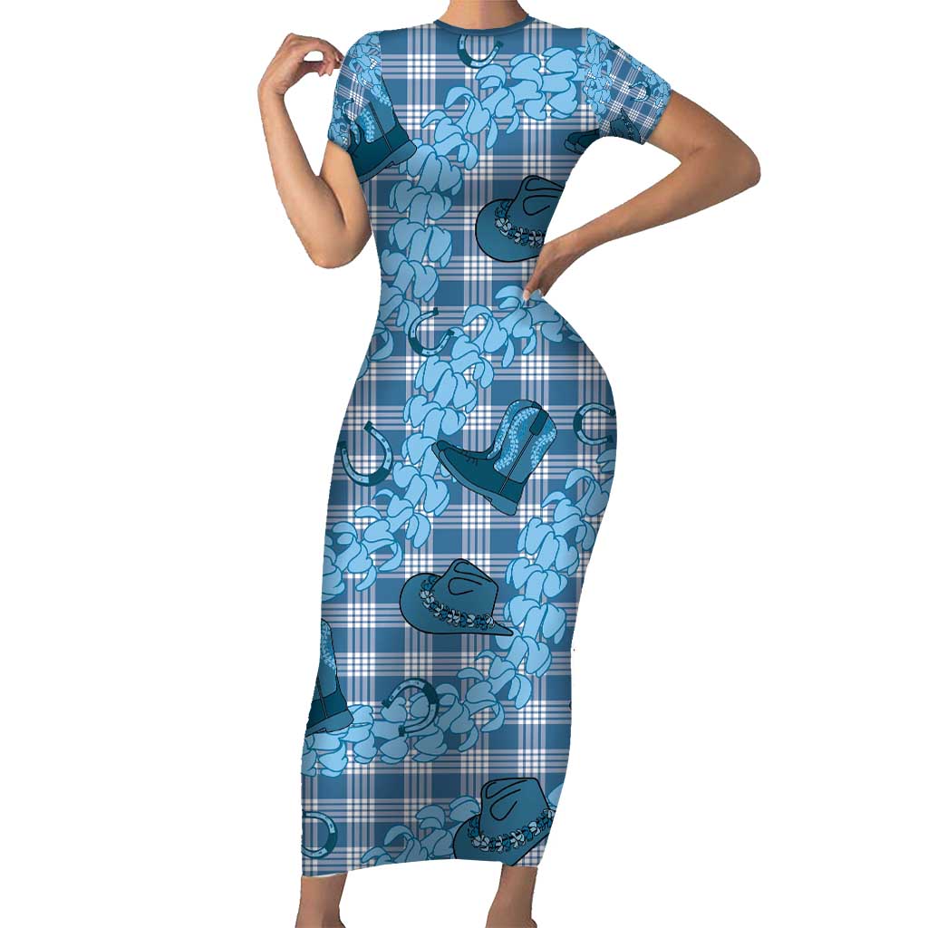 Cyan Palaka Hawaii Cowboy Short Sleeve Bodycon Dress Puakenikeni Lei Paniolo Papale Seamless Vibes - Polynesian Pride