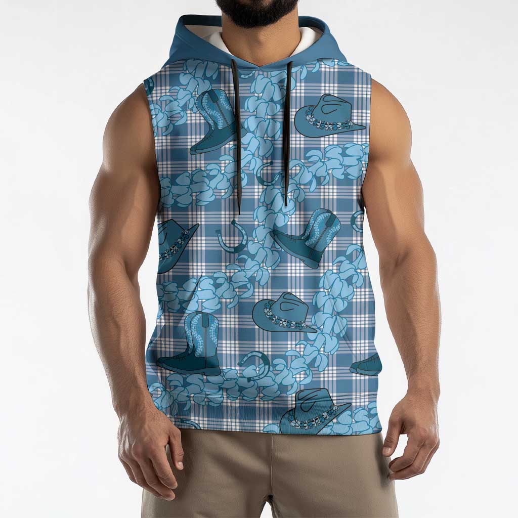 Cyan Palaka Hawaii Cowboy Sleeveless Hoodie Puakenikeni Lei Paniolo Papale Seamless Vibes - Polynesian Pride