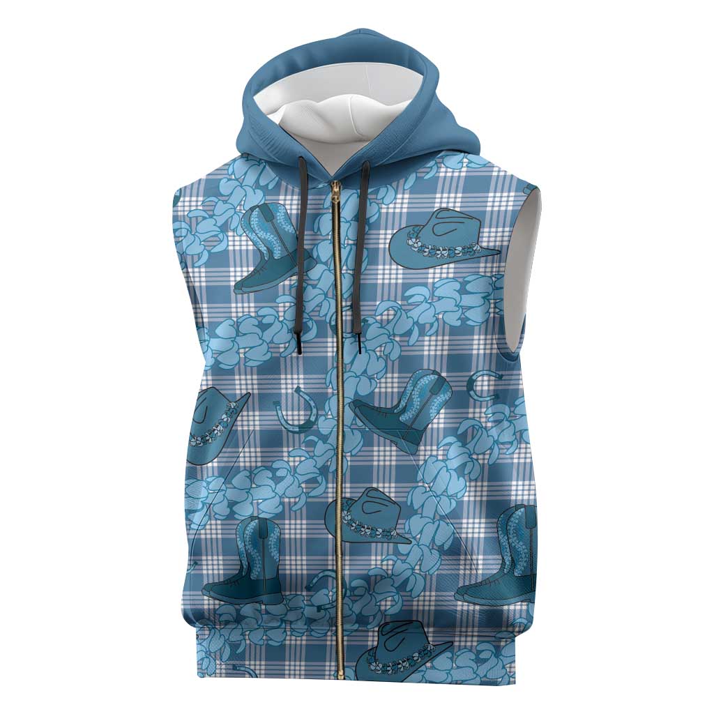 Cyan Palaka Hawaii Cowboy Sleeveless Zip Hoodie Puakenikeni Lei Paniolo Papale Seamless Vibes - Polynesian Pride