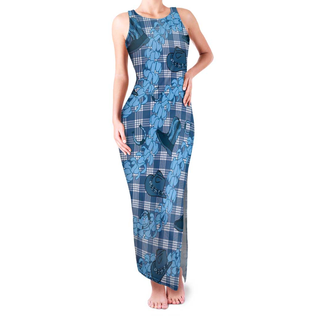 Cyan Palaka Hawaii Cowboy Tank Maxi Dress Puakenikeni Lei Paniolo Papale Seamless Vibes - Polynesian Pride
