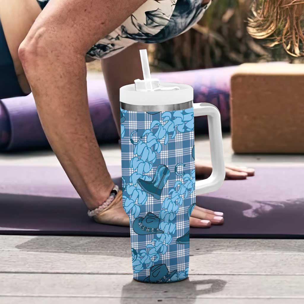 Cyan Palaka Hawaii Cowboy Tumbler With Handle Puakenikeni Lei Paniolo Papale Seamless Vibes - Polynesian Pride
