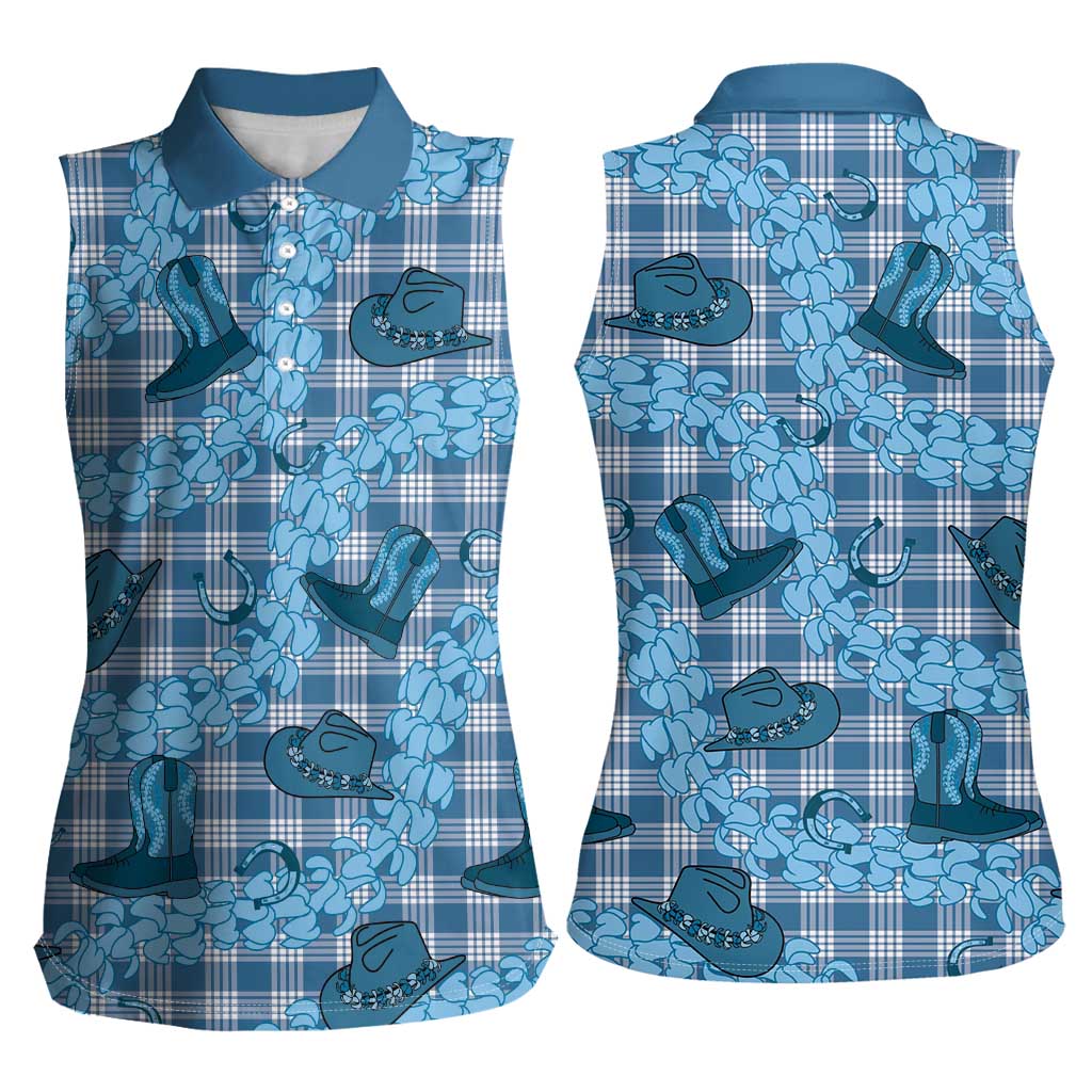 Cyan Palaka Hawaii Cowboy Women Sleeveless Polo Shirt Puakenikeni Lei Paniolo Papale Seamless Vibes - Polynesian Pride