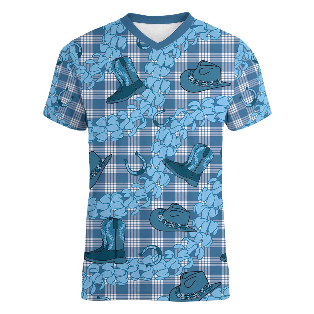Cyan Palaka Hawaii Cowboy Women V-Neck T-Shirt Puakenikeni Lei Paniolo Papale Seamless Vibes - Polynesian Pride
