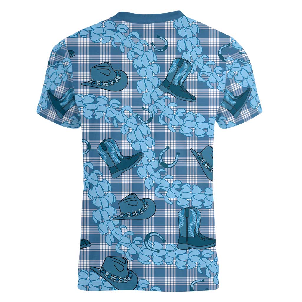 Cyan Palaka Hawaii Cowboy Women V-Neck T-Shirt Puakenikeni Lei Paniolo Papale Seamless Vibes - Polynesian Pride