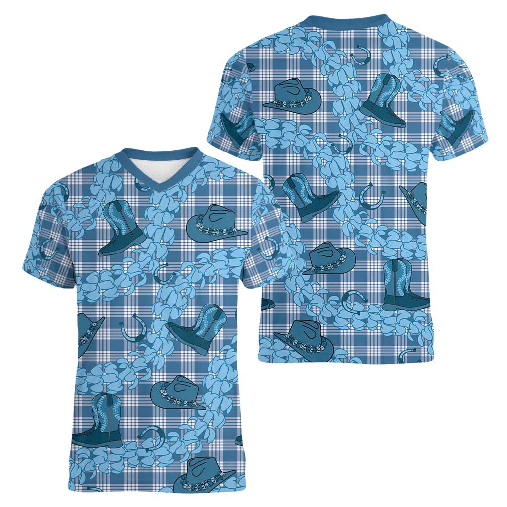 Cyan Palaka Hawaii Cowboy Women V-Neck T-Shirt Puakenikeni Lei Paniolo Papale Seamless Vibes - Polynesian Pride