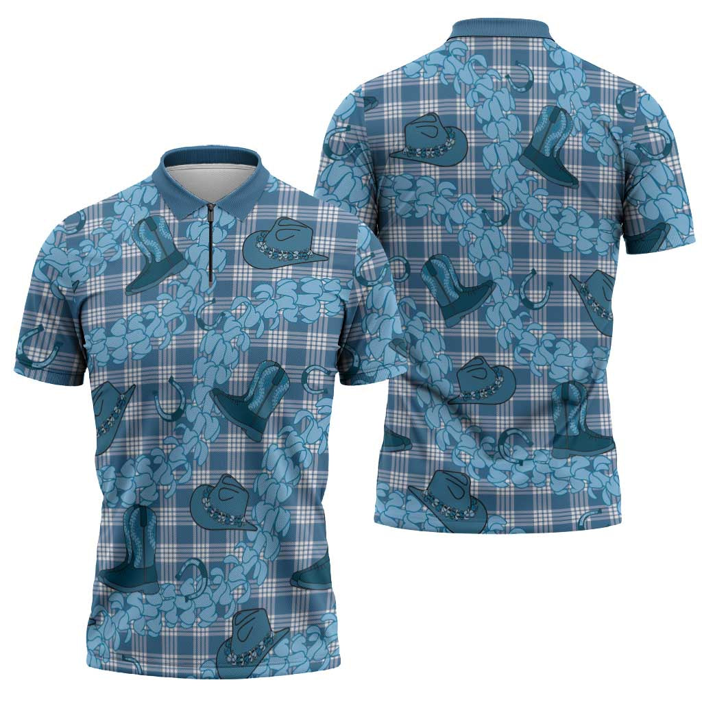 Cyan Palaka Hawaii Cowboy Zipper Polo Shirt Puakenikeni Lei Paniolo Papale Seamless Vibes - Polynesian Pride