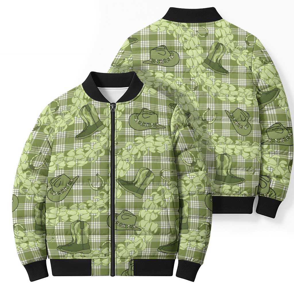 Lime Palaka Hawaii Cowboy Bomber Puffer Jacket Puakenikeni Lei Paniolo Papale Seamless Vibes - Polynesian Pride