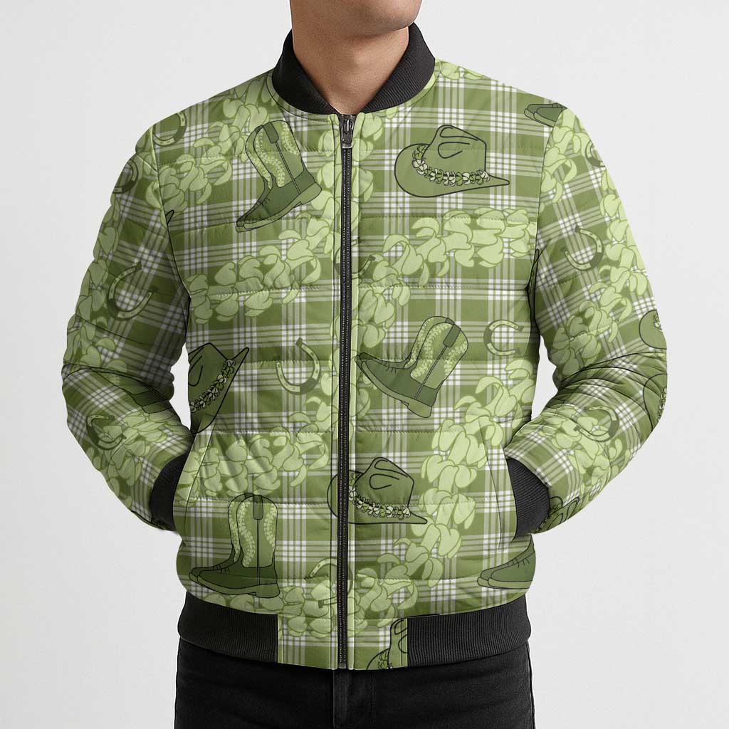 Lime Palaka Hawaii Cowboy Bomber Puffer Jacket Puakenikeni Lei Paniolo Papale Seamless Vibes - Polynesian Pride