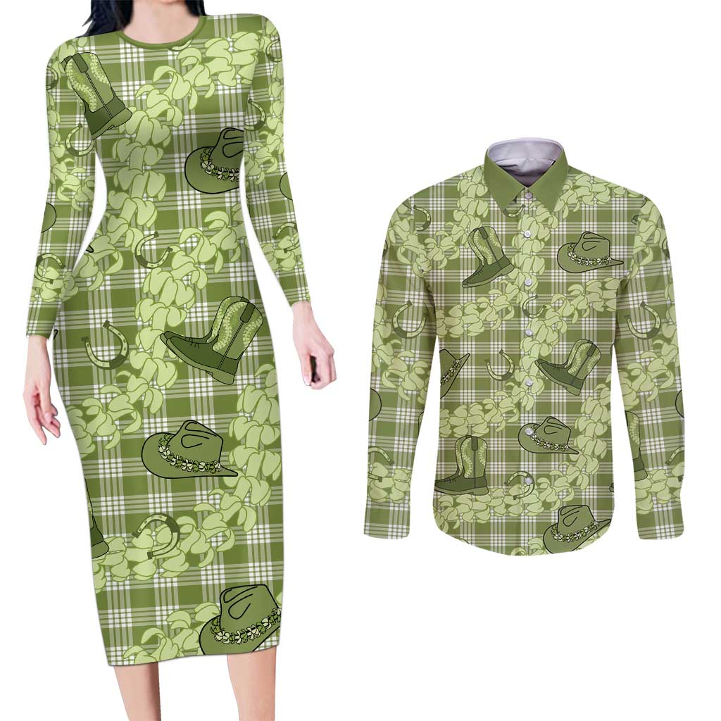 Lime Palaka Hawaii Cowboy Couples Matching Long Sleeve Bodycon Dress and Long Sleeve Button Shirt Puakenikeni Lei Paniolo Papale Seamless Vibes - Polynesian Pride